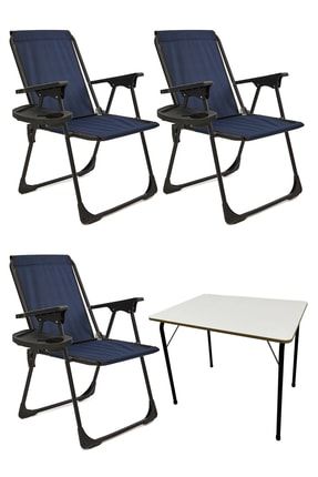 3 Adet Kamp Sandalyesi Katlanır Piknik Sandalye Oval Bardaklıklı Lacivert Katlanır Mdf Masa mnv_3KPSOBMDF