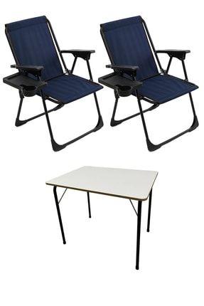 2 Adet Kamp Sandalyesi Katlanır Piknik Sandalye Dikdörtgen Bardaklıklı Lacivert Katlanır Mdf Masa MON2KSDM