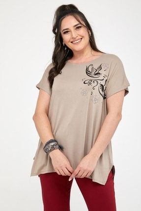 Büyük Beden Kuş Baskılı Oversize Pamuklu Likralı T-shirt Bej TST0088Y0001