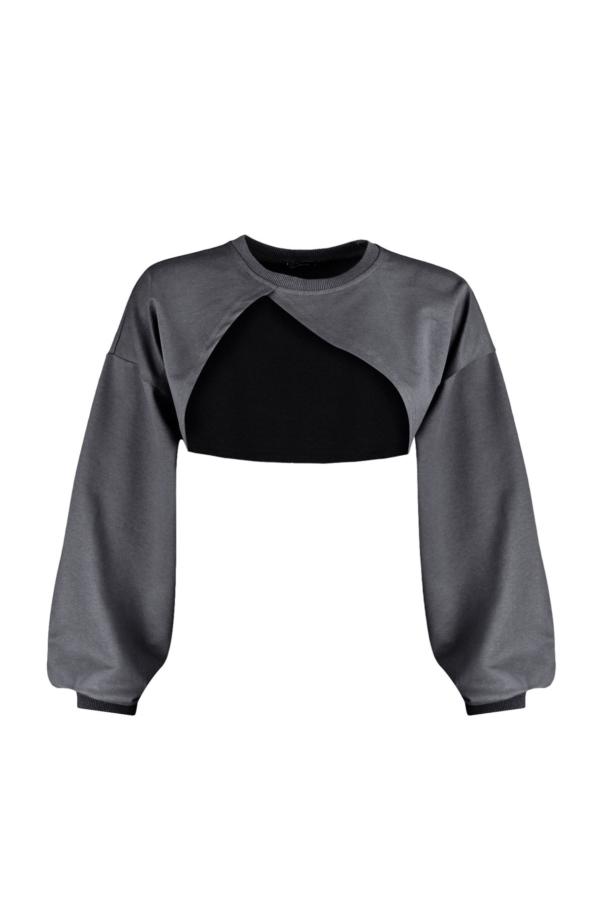  TRENDYOLM?LLA Antrasit Asimetrik Super Crop Bisiklet Yaka ?nce ?rme Sweatshirt