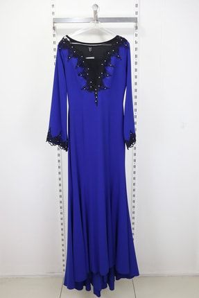 Fistan Store Bayan Parlament Mavisi Kayık Yaka Uzun Kollu Kuyruklu Tesettür Abiye Elbise Fistan Bayan Abiye NURDAN-1777