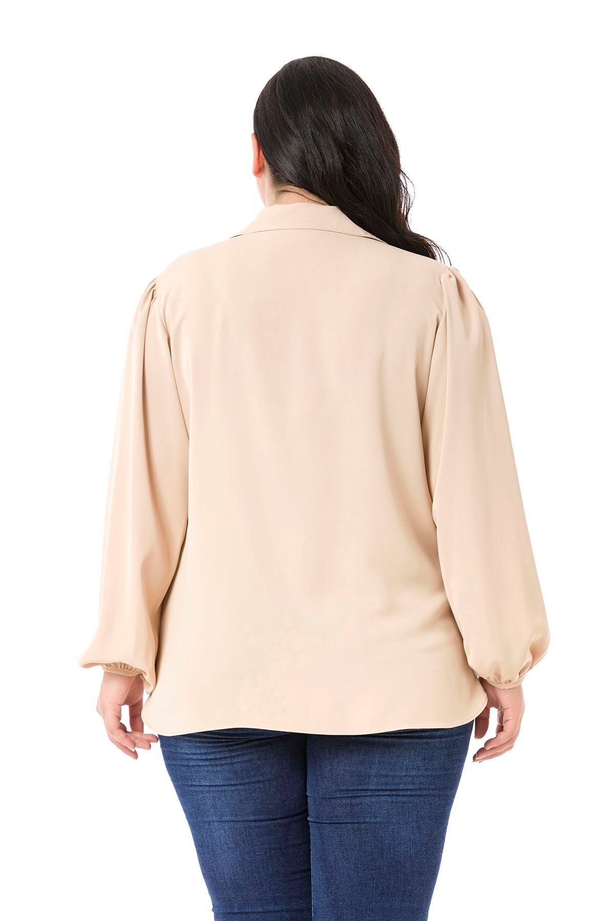 DISENTIS MODEST-Plus Size Flowing Beige Blouse with Ruffled Collar, Shirred Shoulders and Sleeves and Buttons 3