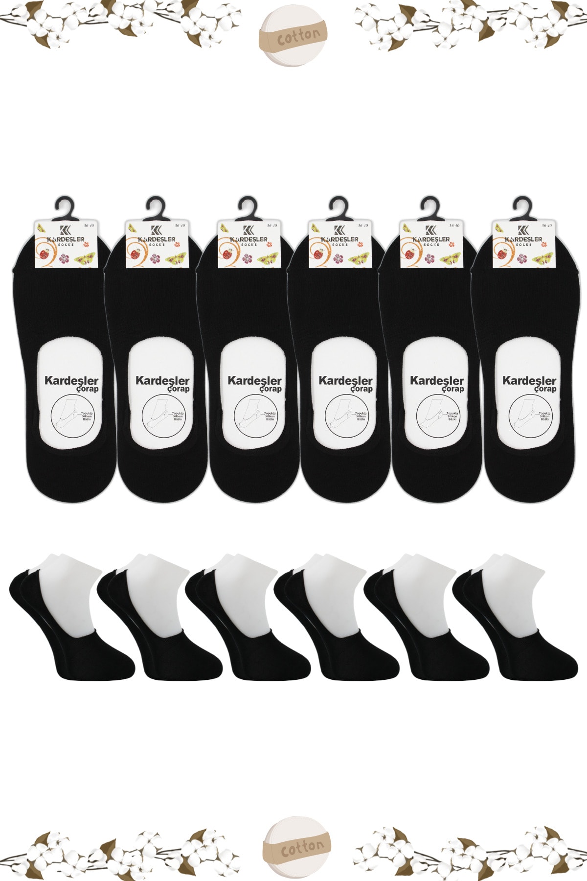 KARDEŞLER ÇORAP Kadın Babet Siyah Çorap Pamuklu Dikişsiz Görünmez Kaydırmaz Topuk Silikonlu 6'lı Paket