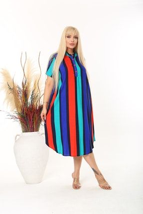 Kadın Büyük Beden Çok Renkli Dokuma Elbise H4006
