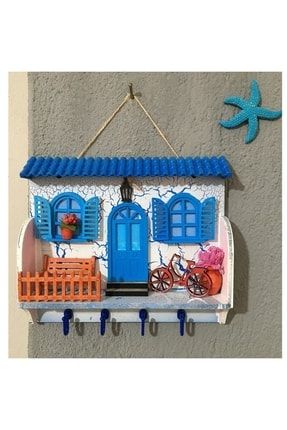 Alaçatı Ev Ahşap Anahtar Askısı, Bodrum Bisikletli Mavi Çatılı Anahtarlık P4636S8726