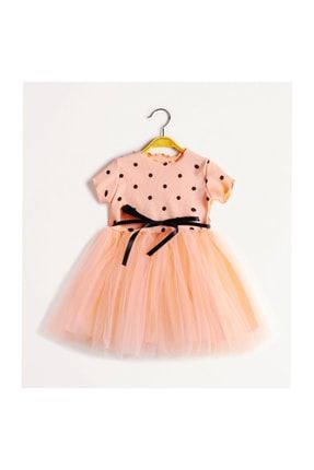 Linda Kız Bebek Çocuk Prenses Kabarık Tütü Elbise Puantiyeli Kısa Kol Esnek Likralı Tüllü Elbise 75P2