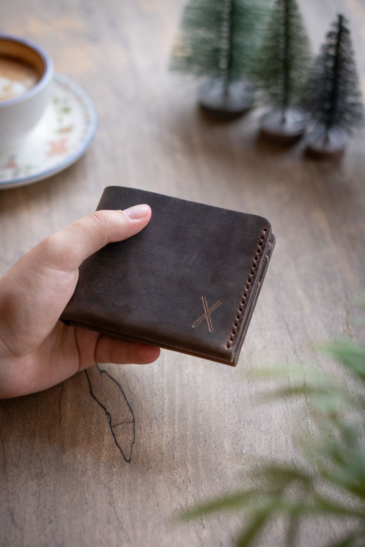 minimal X design-Classic Wallet - Chestnut Crazy - Real Leather & Handmade - Minimalist Design 2