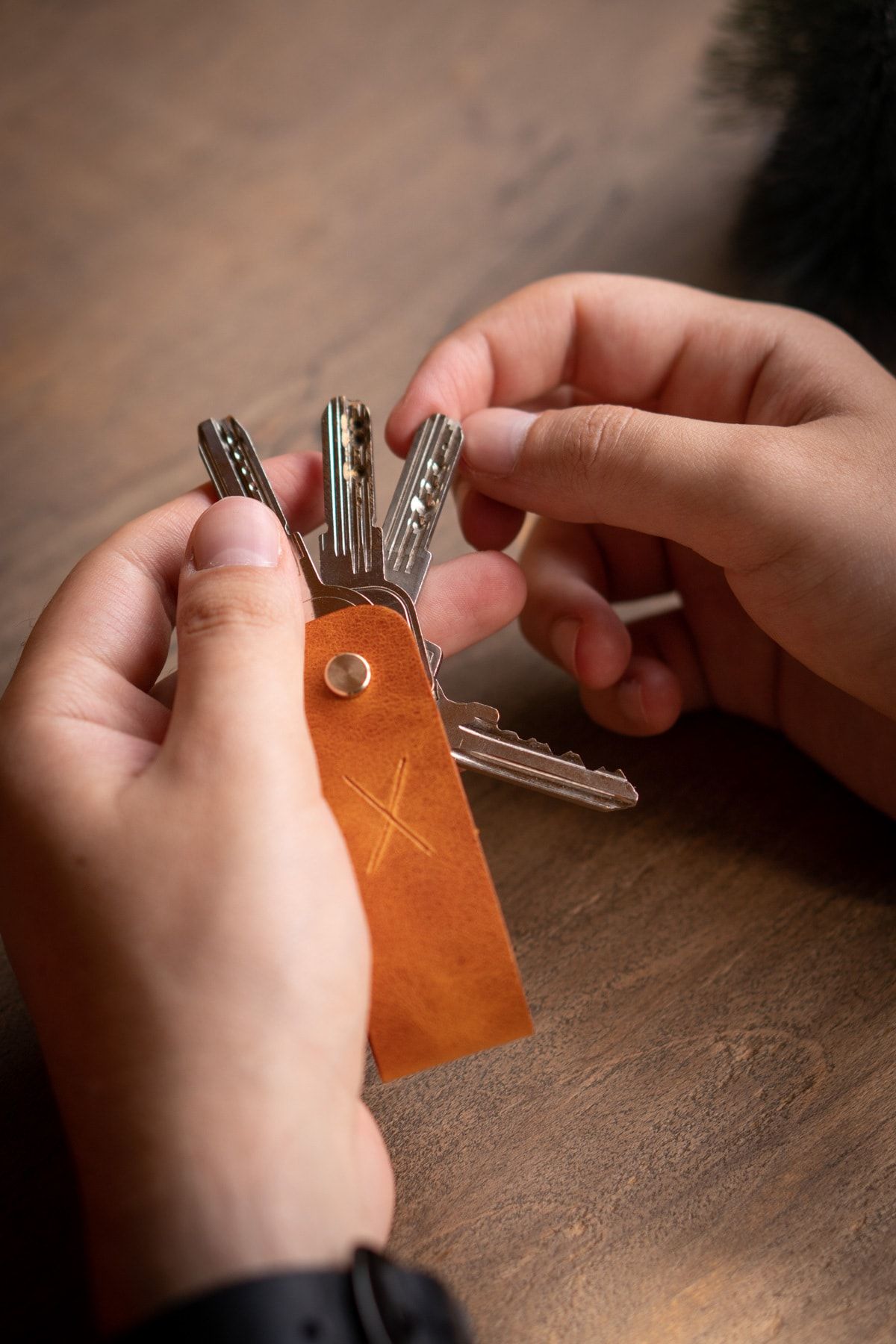 minimal X design-Leather Keychain Long 3-4 Key Capacity - Camel - Minimalist Design 6