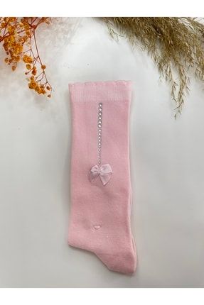 Kız Çocuk Pembe Diz Altı Taşlı Fiyonklu Çorap BKC120922