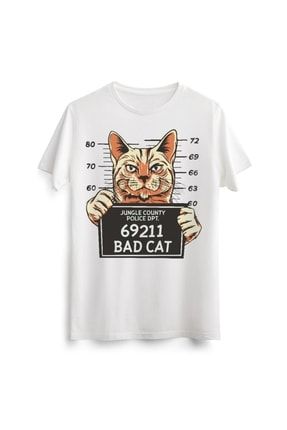 Unisex Erkek Kadın Kedi Cat Mugshot Komik Funny Baskılı Tasarım Beyaz Tişört Tshirt T-shirt Lac00747 LAC00747