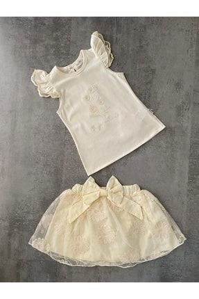Kız Bebek Ekru Dantel Etekli Bluz 2'li Takım 6-36 Ay Bebetto 00833416