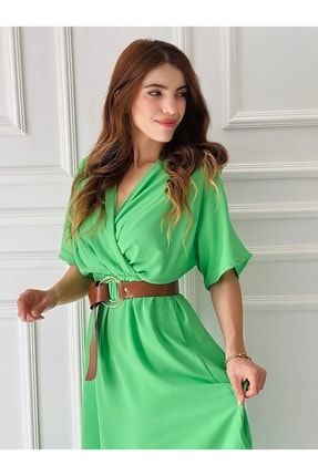 Kadın Yeşil Kemerli Midi Boy Elbise 101-208