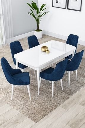 Lia Serisi, 80x132 Açılabilir Mutfak Masa Takımı, Beyaz Masa 6 Lacivert Sandalye LİA01BYZ06