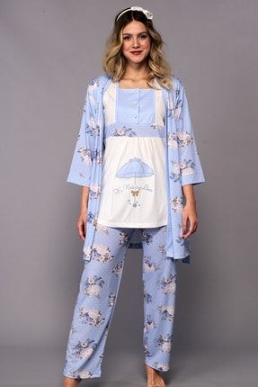 Lohusa Hamile Sabahlıklı Kadın Pijama Takım Mavi 7292
