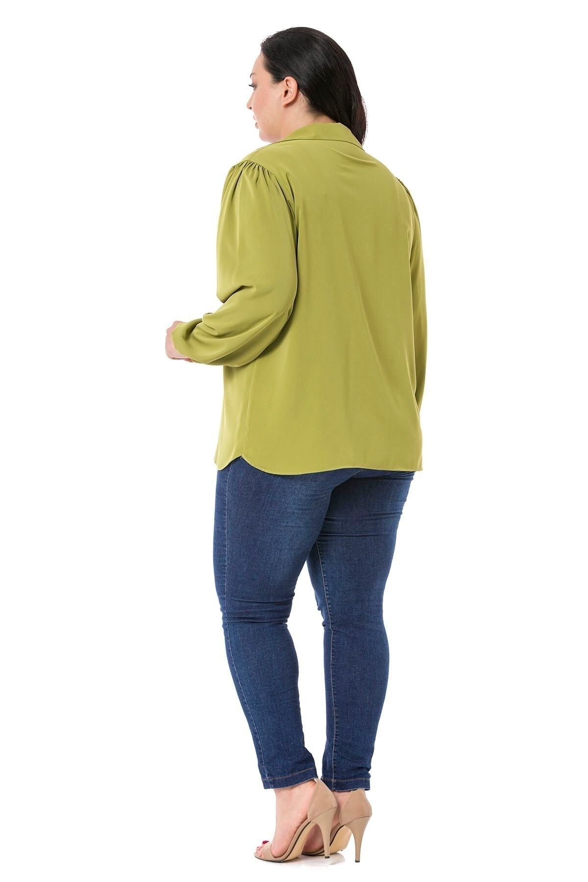 DISENTIS MODEST-Green Plus Size Blouse - Ruffle Collar, Drawstring Shoulder and Buttoned Sleeve 5