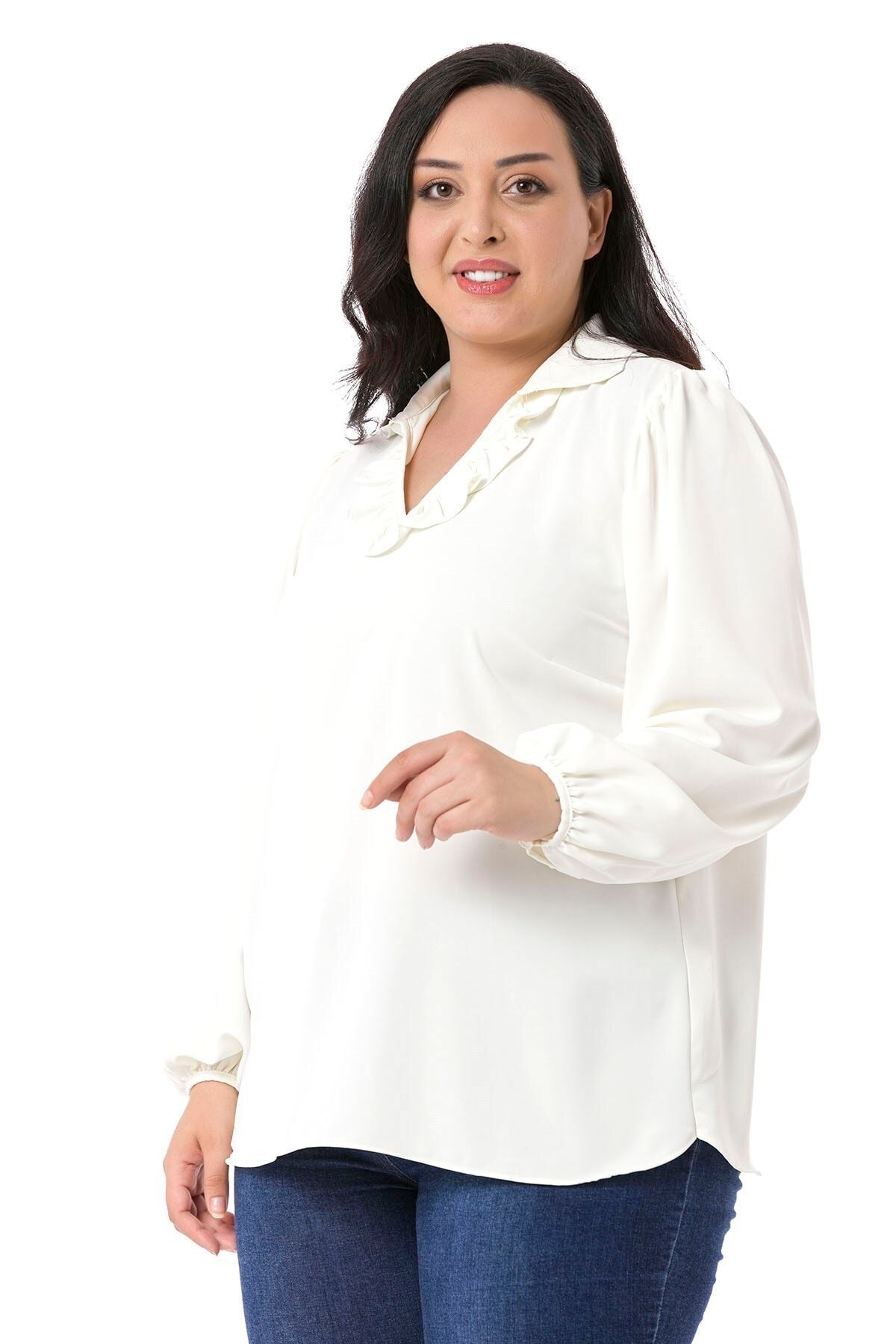 DISENTIS MODEST-Plus Size Flowing White Blouse with Ruffled Collar, Shirred Shoulders, Sleeves and Buttons 4
