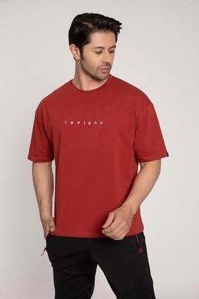 Erkek Kiremit Oversize Baskılı Pamuklu T-shirt RVNTY202