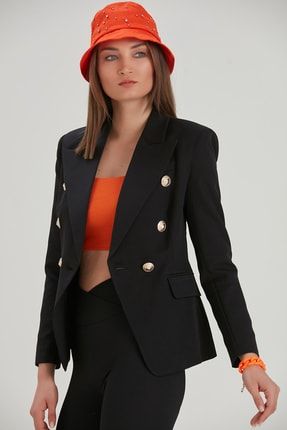 Kadın Siyah Düğmeli Regular Fit Casual Dokuma Ceket YL-CE99876