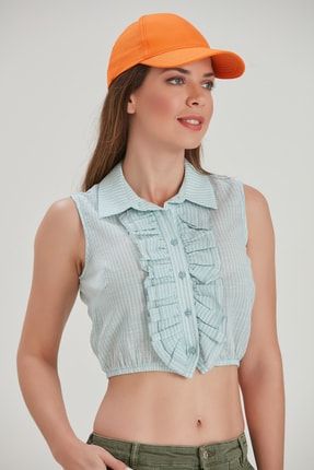 Kadın Pastel Yeşili Fırfırlı Yaka Çizgili Regular Fit Casual Dokuma Bluz YL-BL99023