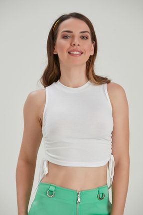 Kadın Beyaz Bisiklet Yaka Kolsuz Crop Casual Örme Bluz YL-BL99121