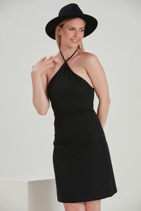 Kadın Siyah Boyundan Bağlamalı Mini Casual Dokuma Regular Elbise YL-EL99359