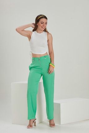 Kadın Yeşil Fermuarlı Çift Cepli Casual Dokuma Pantolon YL-PN99516
