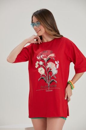 Kadın Kırmızı Bisiklet Yaka Kısa Kol Pamuk Yırtmaçlı Pigment Su Bazlı Örme T-Shirt YL-TS99170