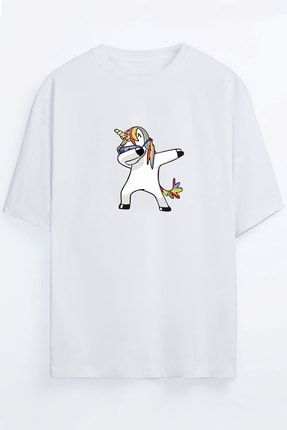Dabbing Unicorn Baskılı Unisex Beyaz T-shirt PRA-6474971-410212