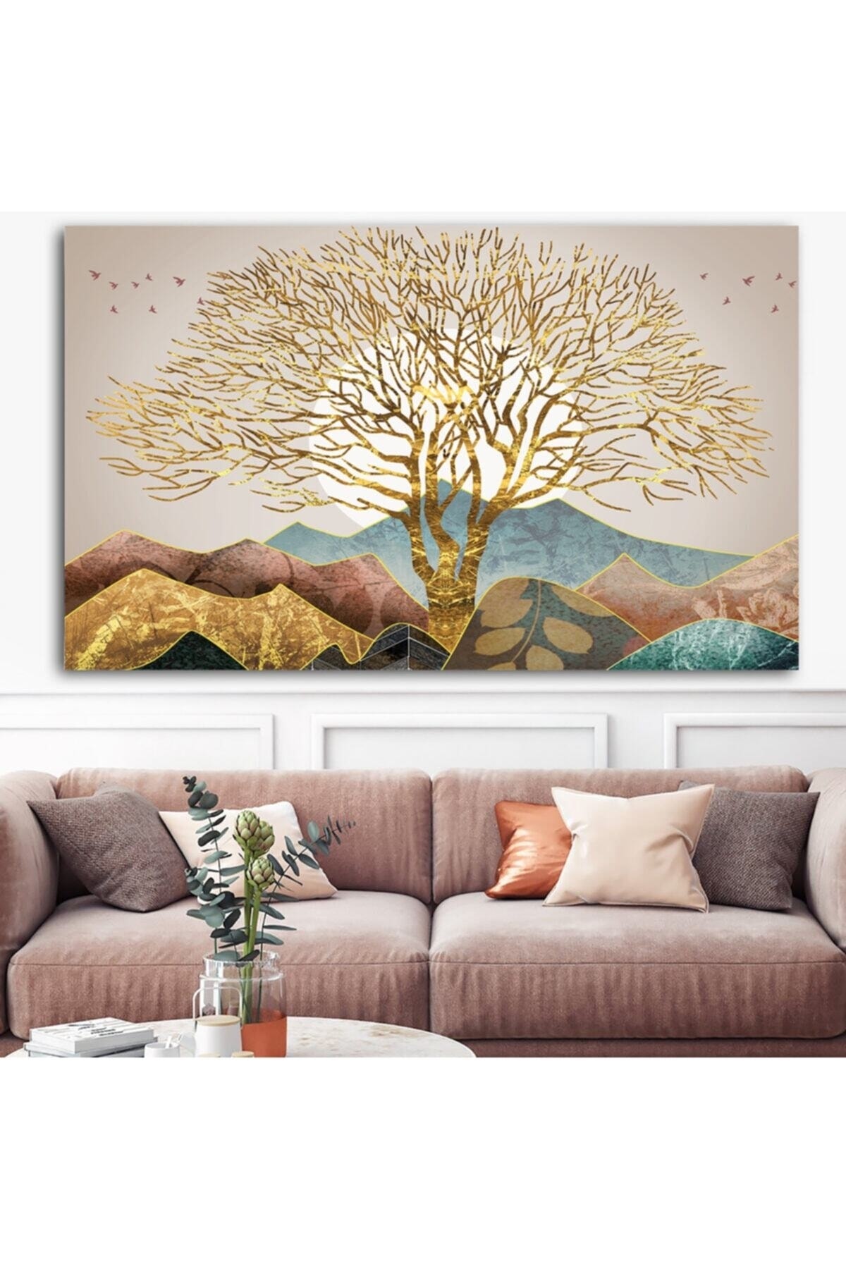 Shop365 Dev Boyut Altın Ağaç Kanvas Tablo (80cm X 120cm)