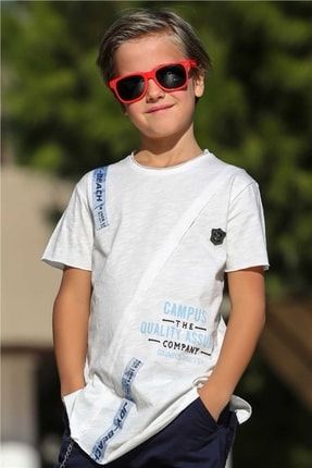Erkek Çocuk Beyaz Renk Şerit Detaylı Yırtmaçlı Armalı T-shirt JACK LIONS-00015