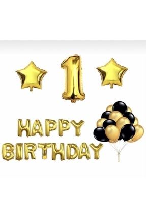 1 Yaş Doğum Günü Seti - Siyah - Gold Balon Ve Gold 1 Folyo Balon - Gold Happy Birtday Folyo Balon LTS-BLN0661