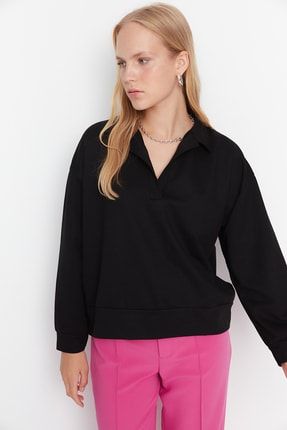 Siyah Polo Yaka Basic İnce Örme Sweatshirt TWOAW23SW00003