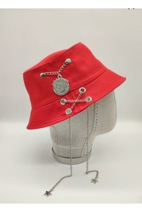 Unisex Kırmızı K-pop Piercing Ve Çengelli Iğne Modelli Bucket Şapka TYC00487609354