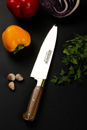 Ahşap El Işçiliği Şef Bıçağı No:3 Et Meyve Sebze Doğrama Bıçağı Paslanmaz Çelik Sarı Bilezikli AHŞP3