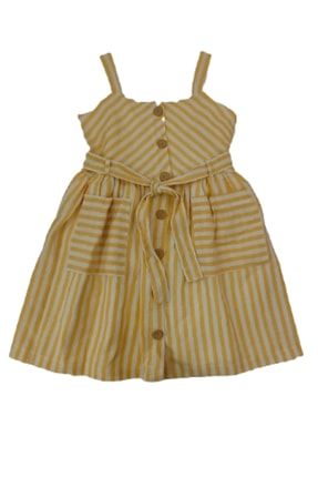 Kız Çocuk 6-9 Yaş Sarı Beyaz Çizgili Keten Elbise 3044