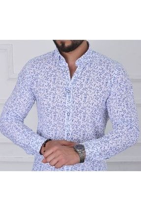 Slimfit Mavi Pamuk Çiçekli Erkek Gömleği KTN1122
