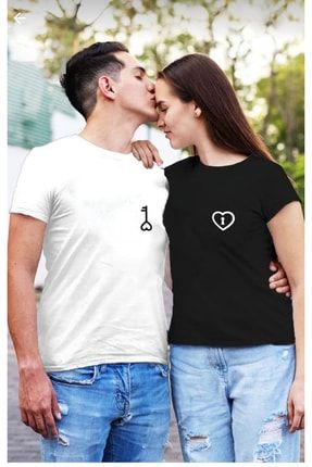 Kalp Ve Anahtar Baskılı Sevgili Çift Kombin Siyah ,beyaz Tişört (2li) gold7899988777