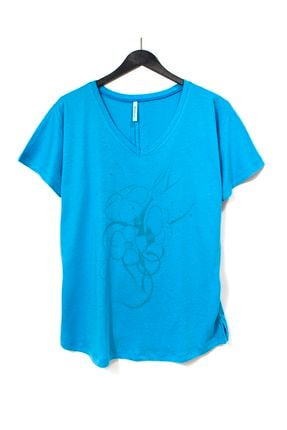 Kadın Sunny Kısa Kollu Normal Kesim V Yaka Pamuk T-shirt Mavi 17863