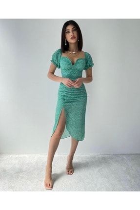 Yeşil Kısa Kollu Yırtmaçlı Elbise 5180