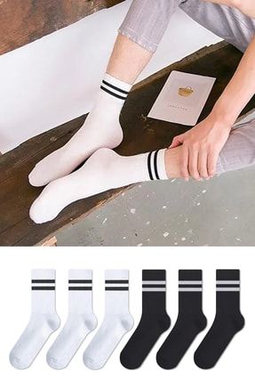 Çember Desenli Dört Mevsim Unisex 6'lı Çift Renk Beyaz Siyah Uzun Tenis Çorap Seti C1C60