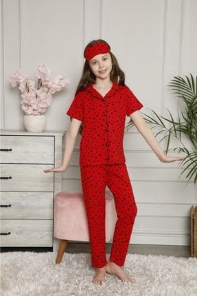 Kız Çocuk Kırmızı Kalp Desenli Kısa Kollu Pijama Takımı PM2004
