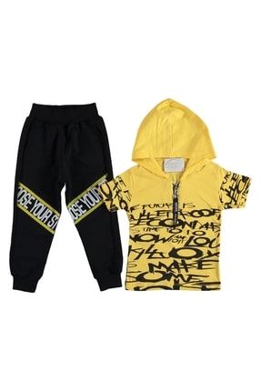 Baskılı Sarı Kapüşonlu Tişört Pantolon Erkek Yazlık Çocuk Takımı 7 Yaş P-YDMK-12