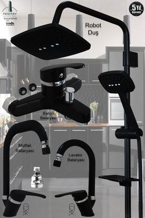 Mutfak Lavabo Banyo Bataryası Siyah Renk Robot Duş Musluk Armatür Banyo Seti Eviye Bataryası VB5-YRDX