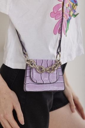 Lila Kroko Kadın Zincirli Mini Çanta 134