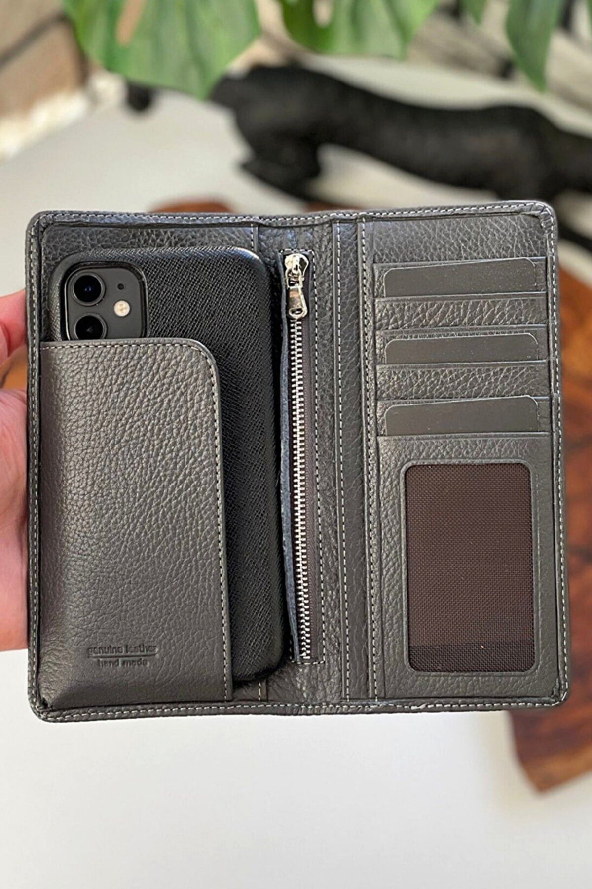 cheetah quality Telefon Bölmeli Hakiki Deri El Portföy