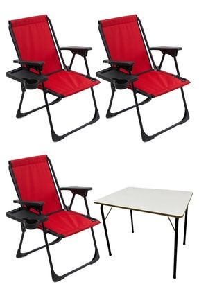 3 Adet Kamp Sandalyesi Katlanır Piknik Sandalye Dikdörtgen Bardaklıklı Katlanır Mdf Masa mnv_3KPSDBMDF