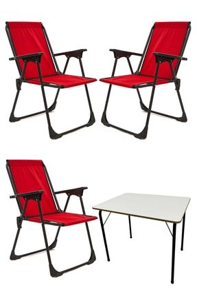 3 Adet Kamp Sandalyesi Katlanır Piknik Sandalye Kırmızı Katlanır Mdf Masa mnv_3KPSMDF