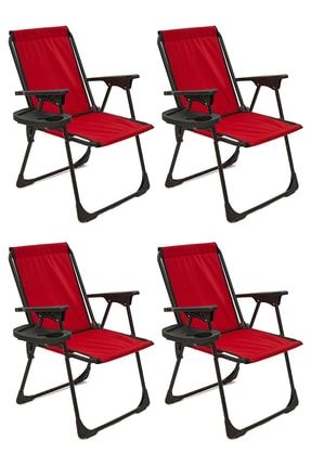 4 Adet Kamp Sandalyesi Katlanır Piknik Sandalye Oval Bardaklıklı Kırmızı mnv_4KPSOB
