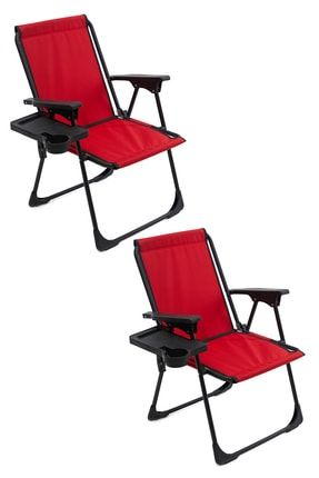 2 Adet Kamp Sandalyesi Katlanır Piknik Sandalye Dikdörtgen Bardaklıklı Kırmızı MON2KSD