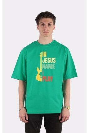 Yeşil Bisiklet Yaka Oversize T-shirt Guitar Shirt- In Jesus Name I Play_em1611 YM1611